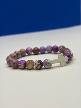 Purple Multi-Stone Beaded Bracelet with White Cross